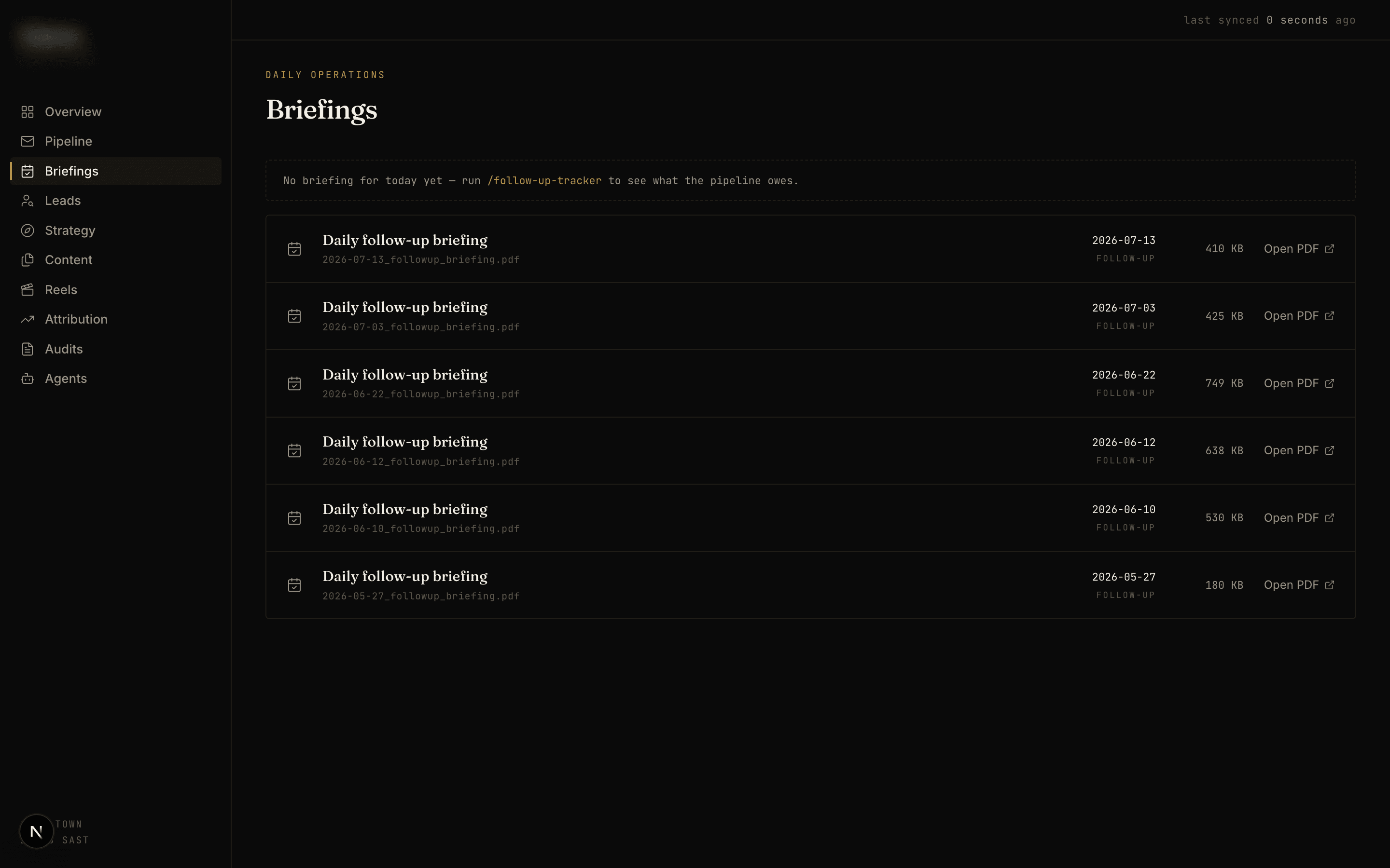 Daily follow-up briefing list with dated PDF reports